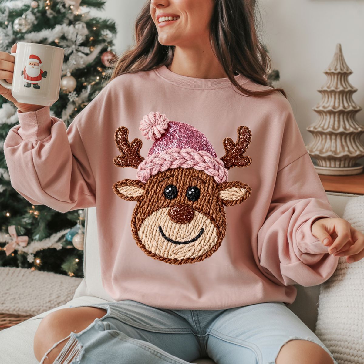 PINK REINDEER *FAUX YARN/FAUX GLITTER* - DTF TRANSFER