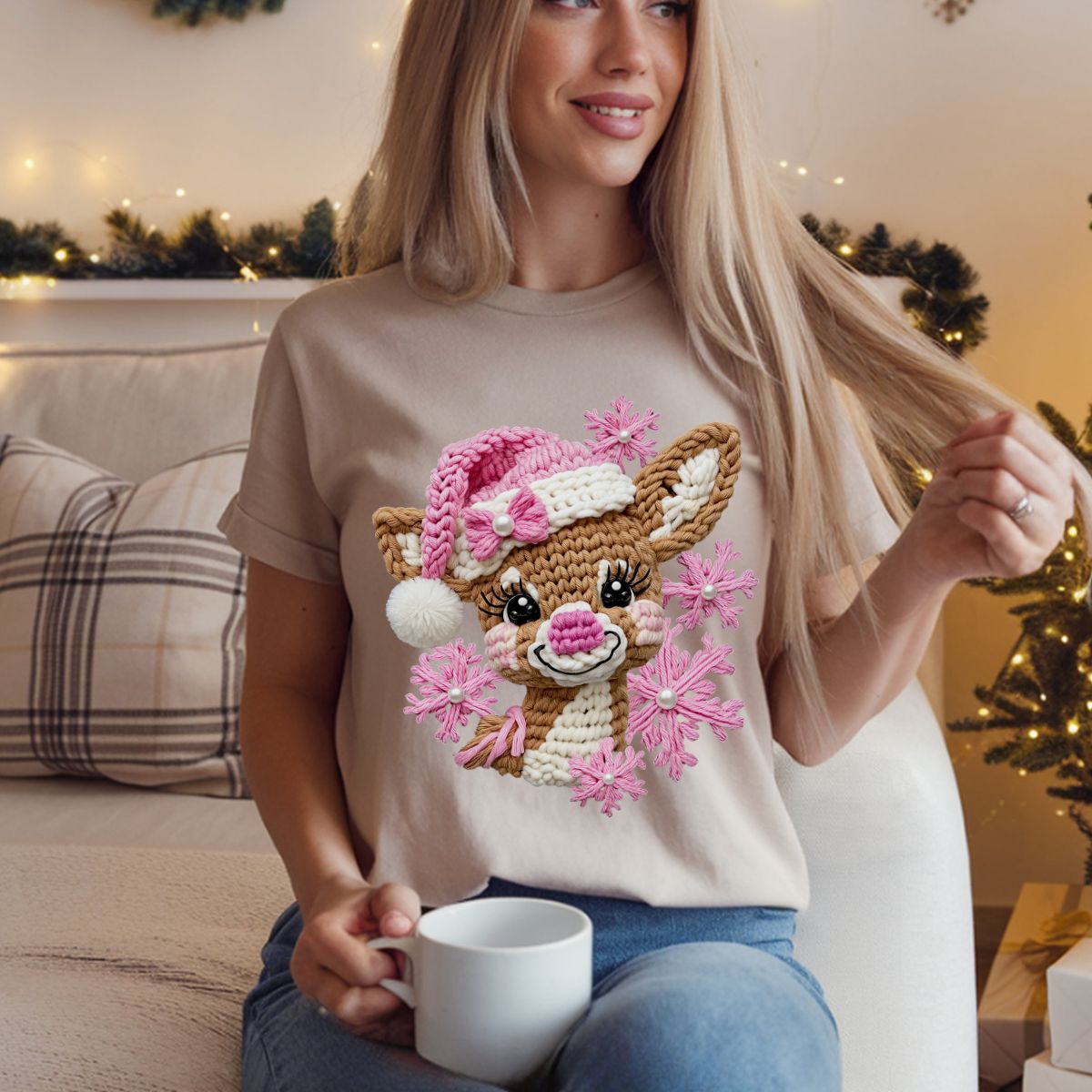 COQUETTE PINK NOSE REINDEER *FAUX YARN/FAUX PEARL* - DTF TRANSFER