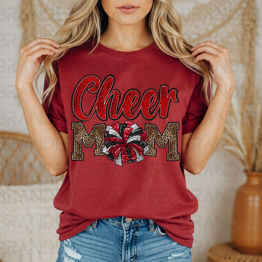 CHEER MOM *RED W/FAUX GLITTER* - DTF TRANSFER