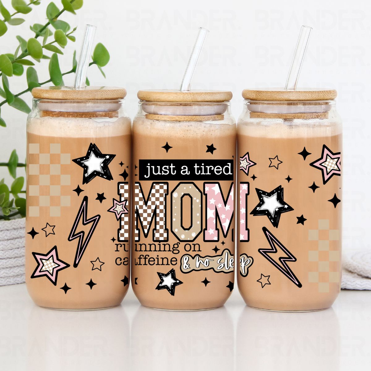 JUST A TIRED MOM RUNNING ON CAFFEINE & NO SLEEP - 16 OZ - UV DTF