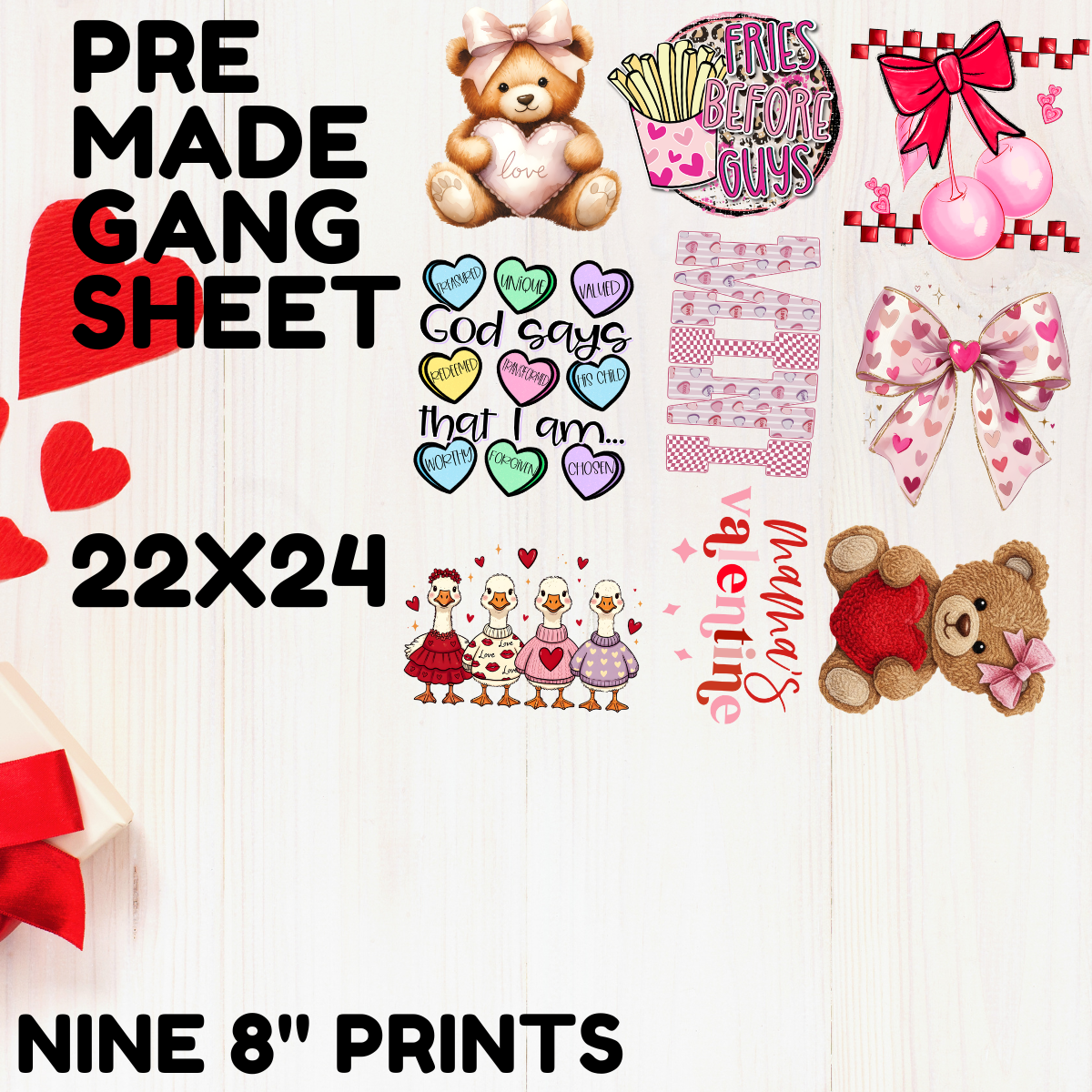 KIDS VALENTINES DAY *GIRLS* - 22X24 - PREMADE GANG SHEET