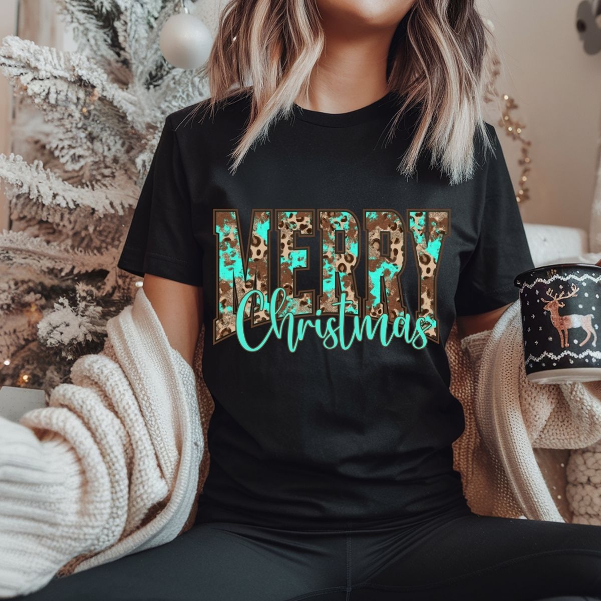 TURQUOISE AND ANIMAL PRINT MERRY CHRISTMAS - DTF TRANSFER