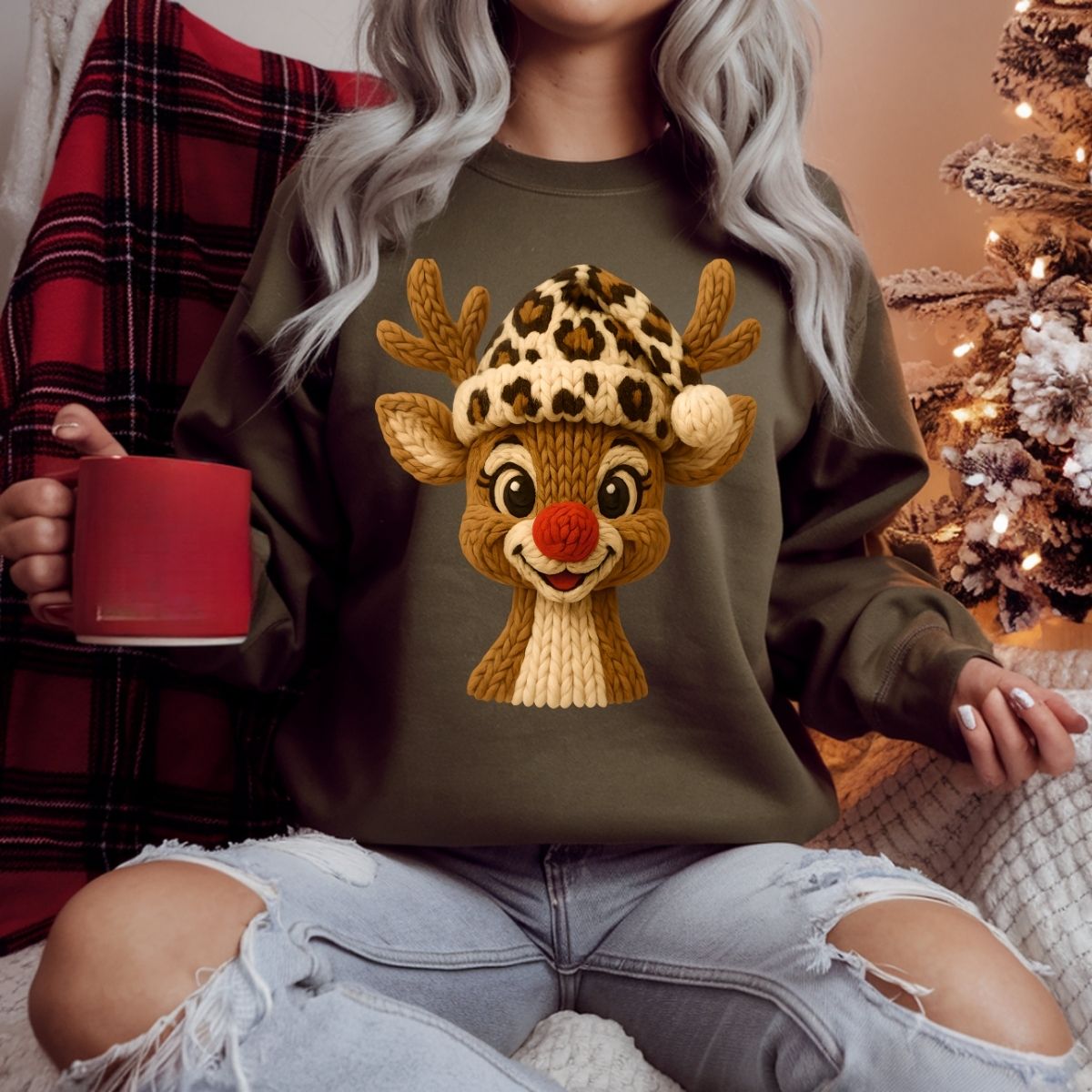 ANIMAL PRINT RED NOSE REINDEER *FAUX YARN* - DTF TRANSFER