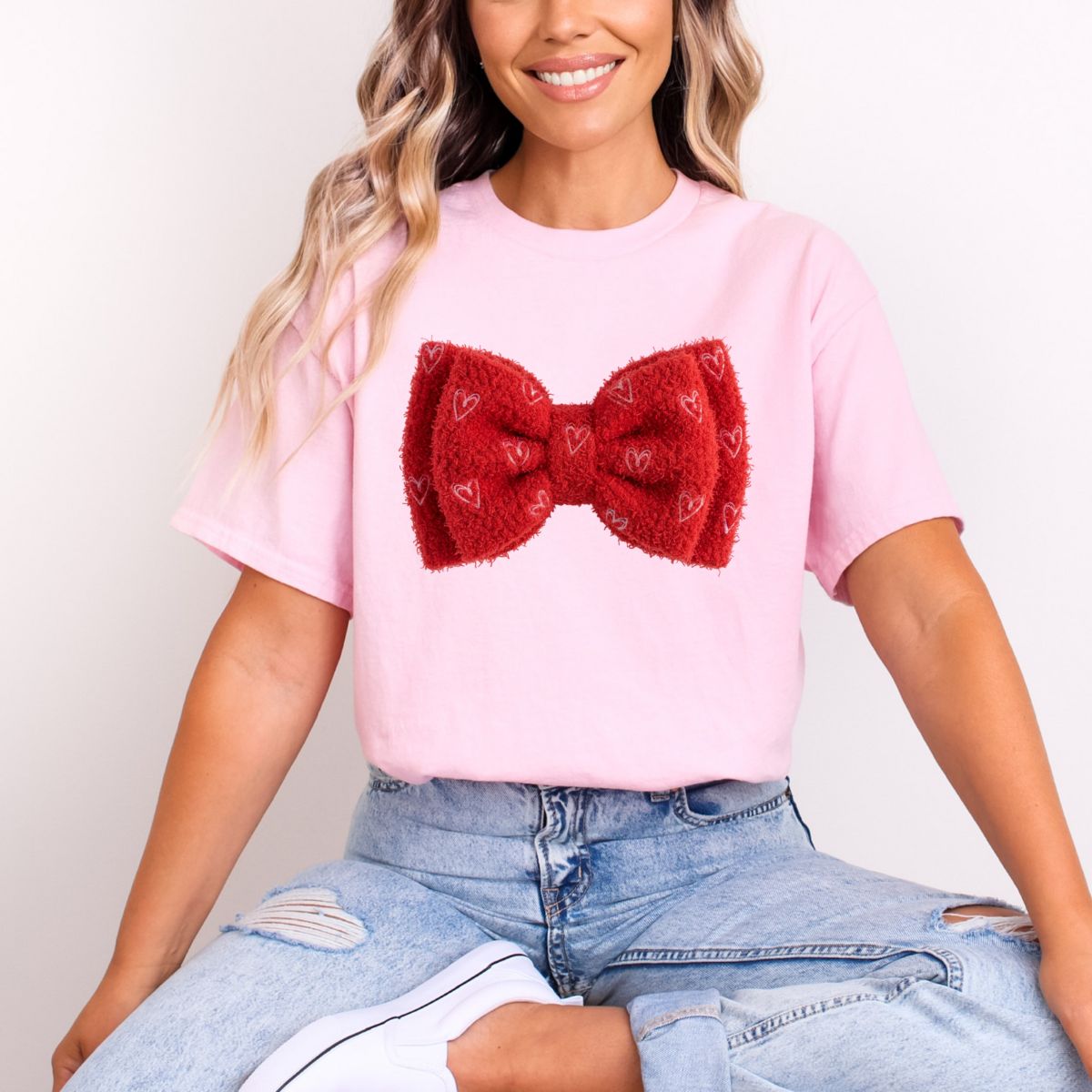 COQUETTE MINI BOW WITH PINK HEARTS *FAUX YARN* - DTF TRANSFER