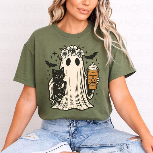 GHOST WITH CAT AND COFFEE - DTF TRANSFER