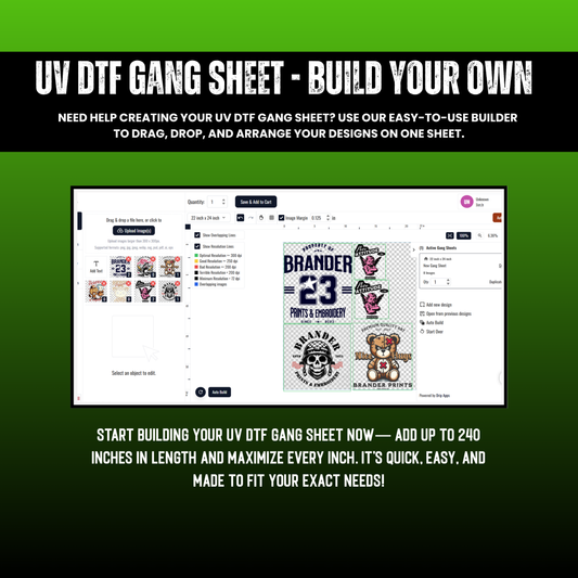 Screen displaying a UV DTF gang sheet builder with design options on a green background