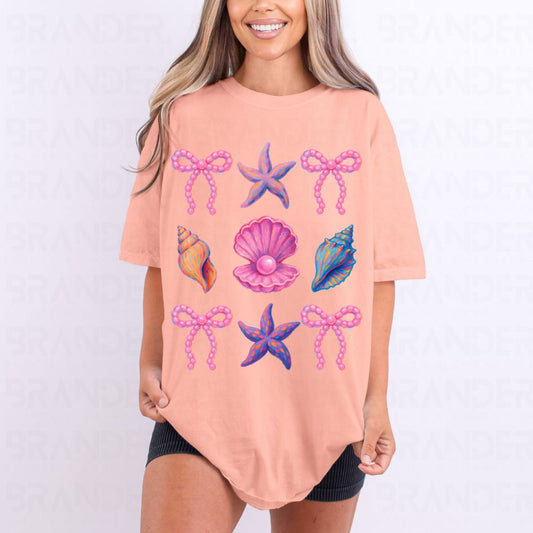 COQUETTE STAR FISH,SEASHELLS, CLAM AND PEARL BOWS GRID - DTF TRANSFER