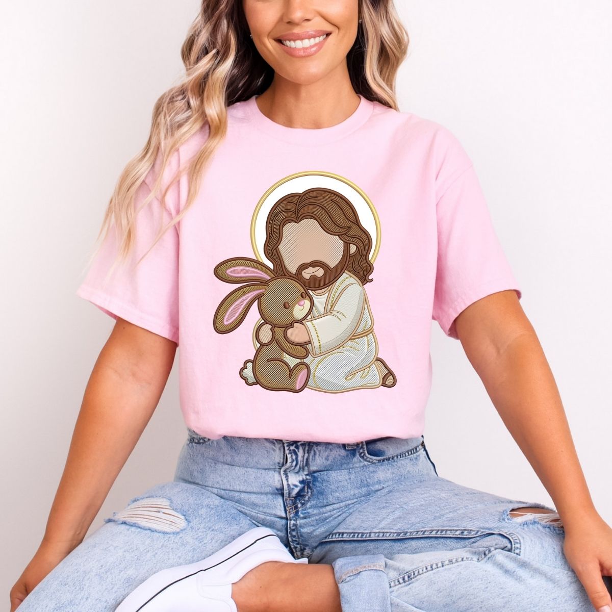 JESUS WITH EASTER BUNNY *FAUX EMBROIDERY* - DTF TRANSFER