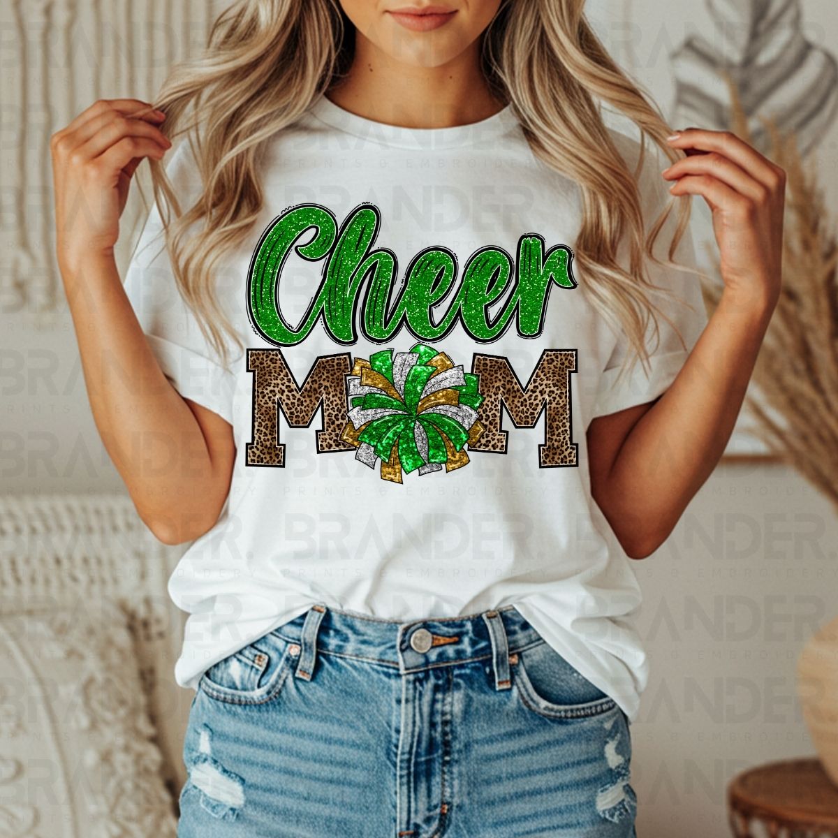 CHEER MOM *GREEN W/FAUX GLITTER* - DTF TRANSFER