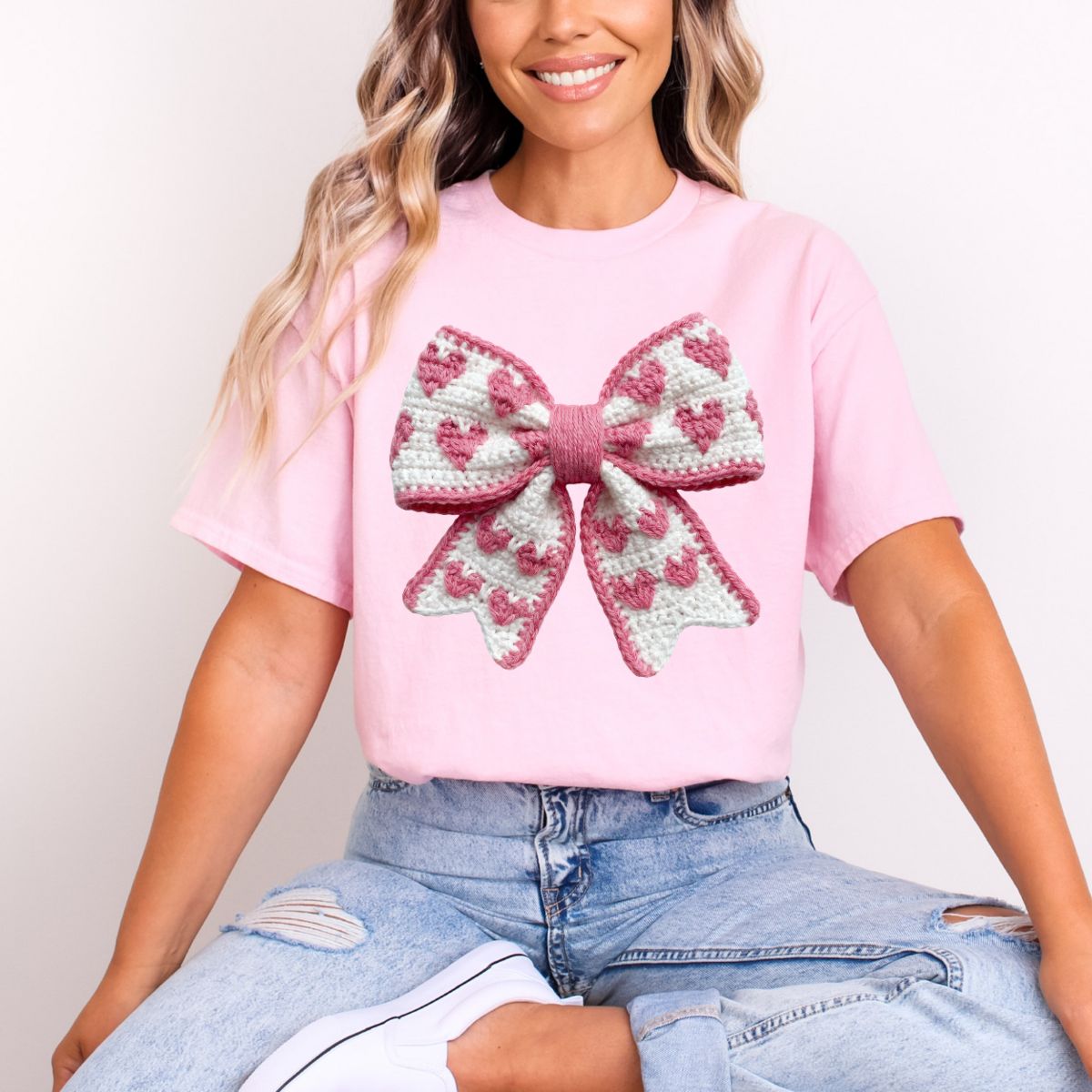 COQUETTE PINK HEARTS BOW *FAUX YARN* - DTF TRANSFER