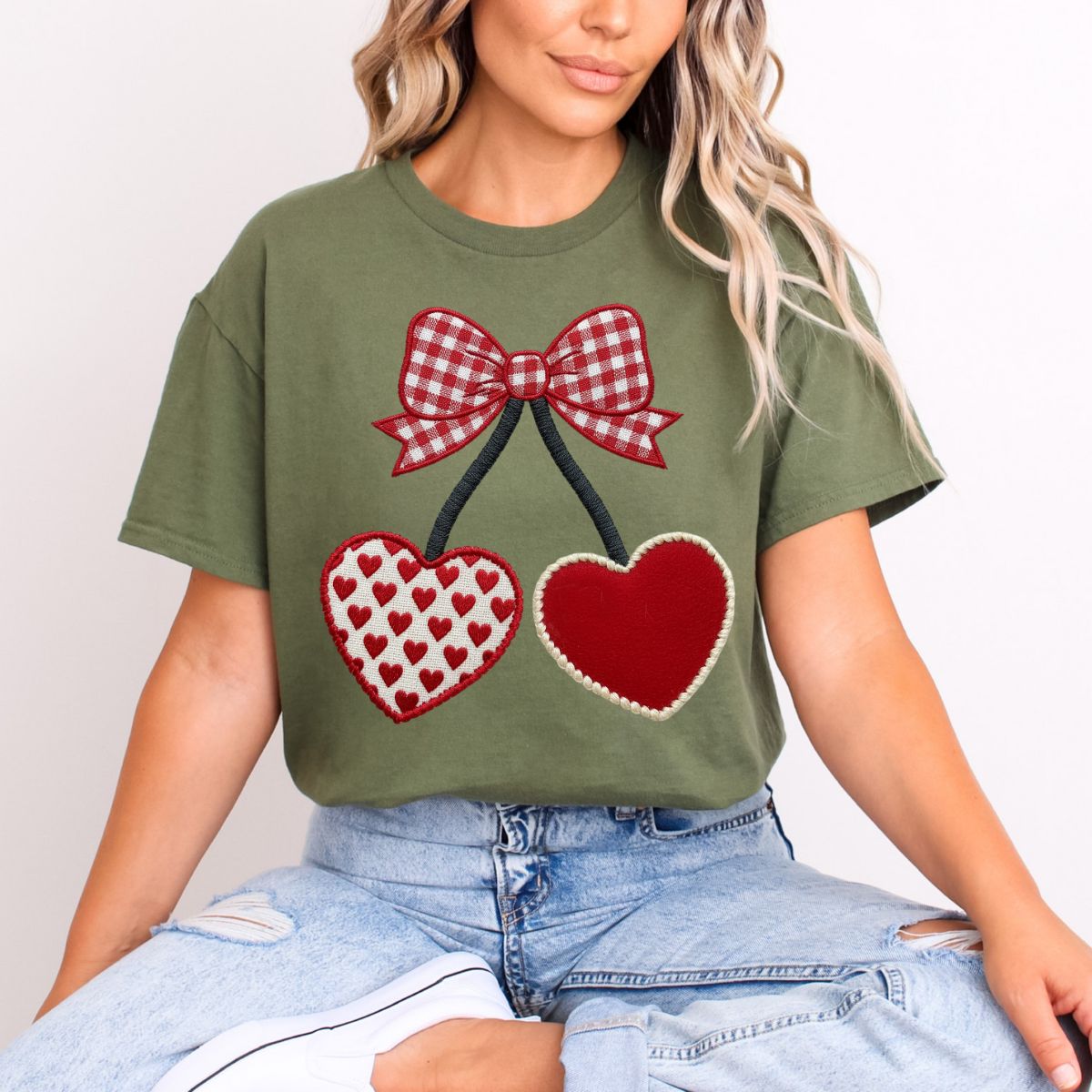 COQUETTE PLAID BOW WITH CHERRY HEARTS *FAUX YARN* - DTF TRANSFER