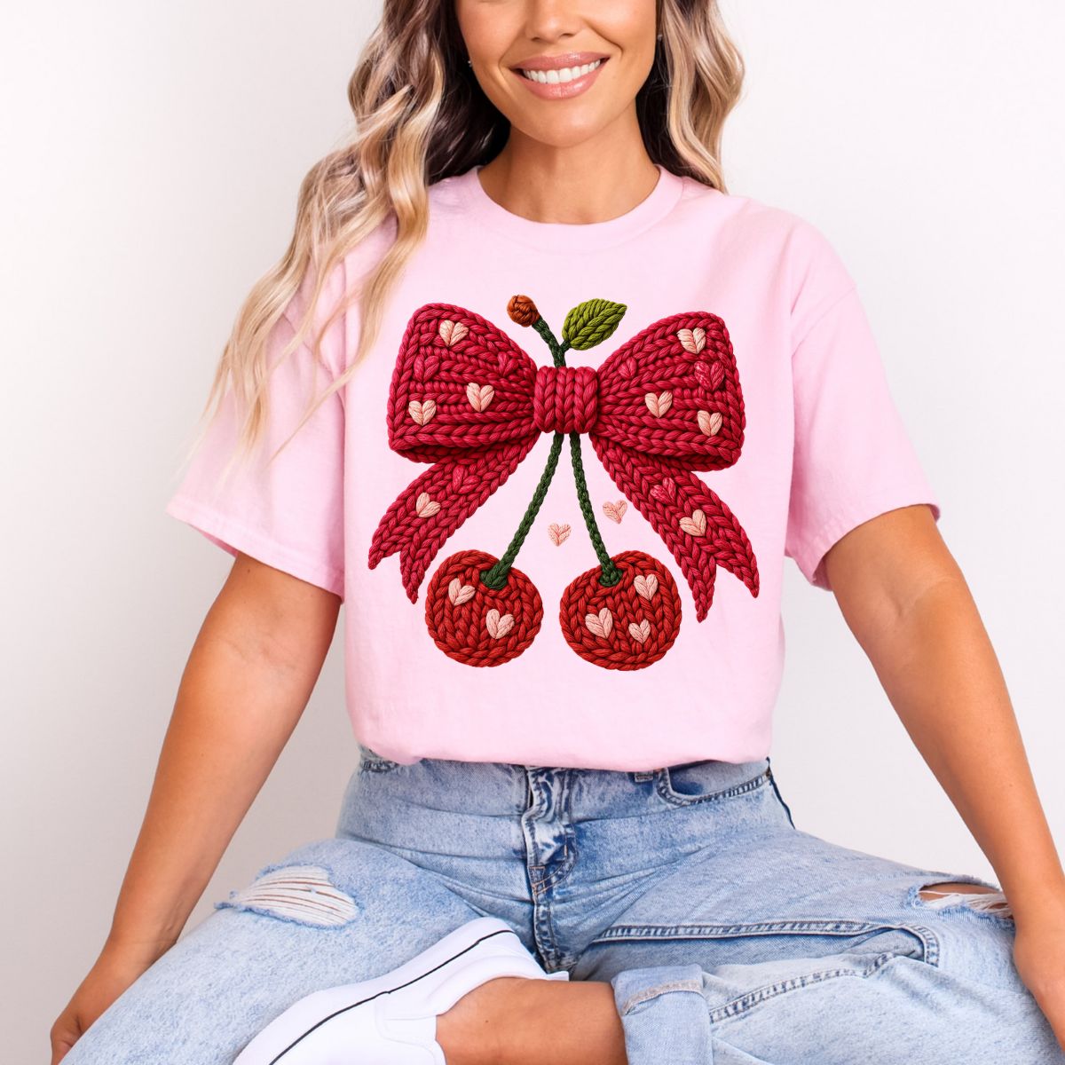 COQUETTE CHERRY HEARTS BOW *FAUX YARN* - DTF TRANSFER