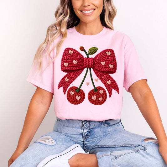 COQUETTE CHERRY HEARTS BOW *FAUX YARN* - DTF TRANSFER