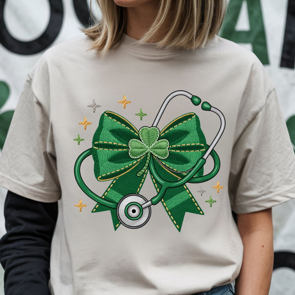 COQUETTE SHAMROCK STETHOSCOPE *FAUX EMBROIDERY* - DTF TRANSFER