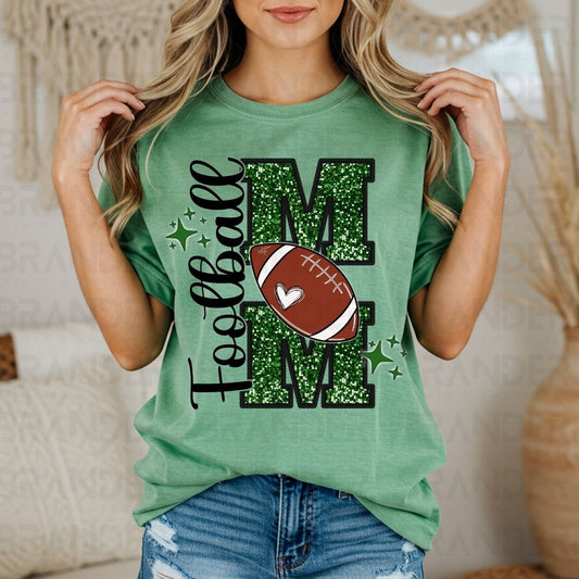 FOOTBALL MOM *GREEN W/FAUX SEQUIN* - DTF TRANSFER