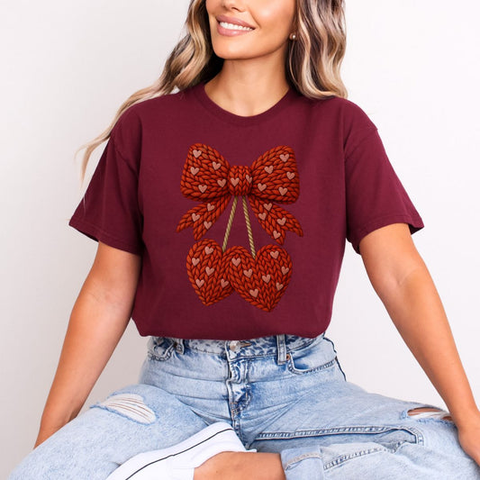 DARK RED BOW WITH MINI HEARTS AND CHERRY HEARTS *FAUX YARN* - DTF TRANSFER