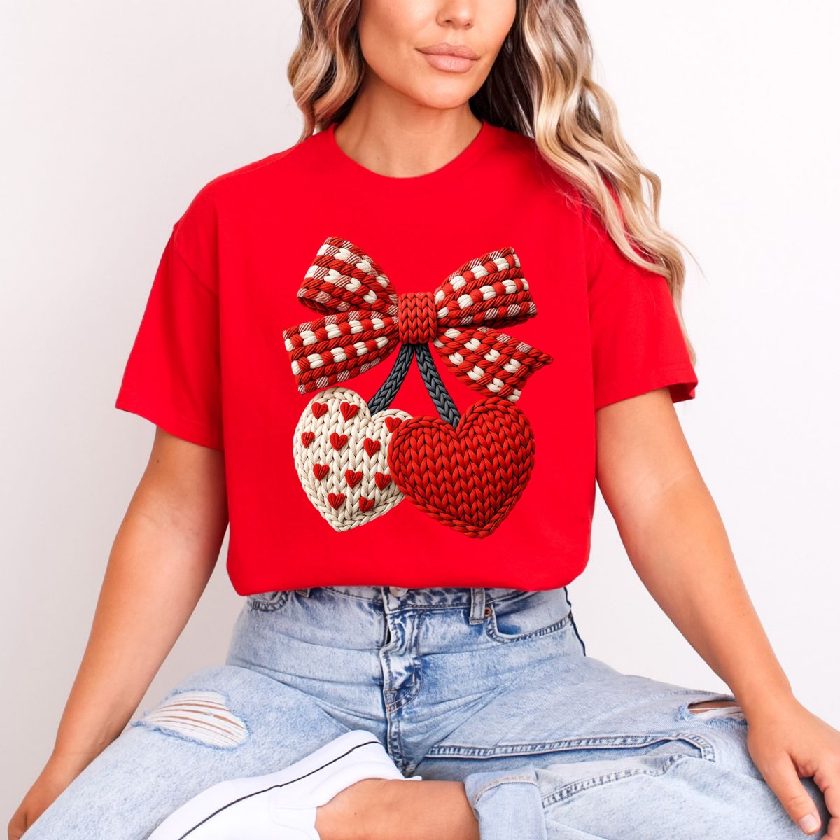 COQUETTE PLAID BOW AND CHERRY HEARTS *FAUX YARN* - DTF TRANSFER