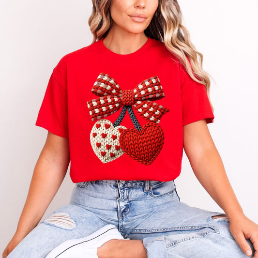 COQUETTE PLAID BOW AND CHERRY HEARTS *FAUX YARN* - DTF TRANSFER