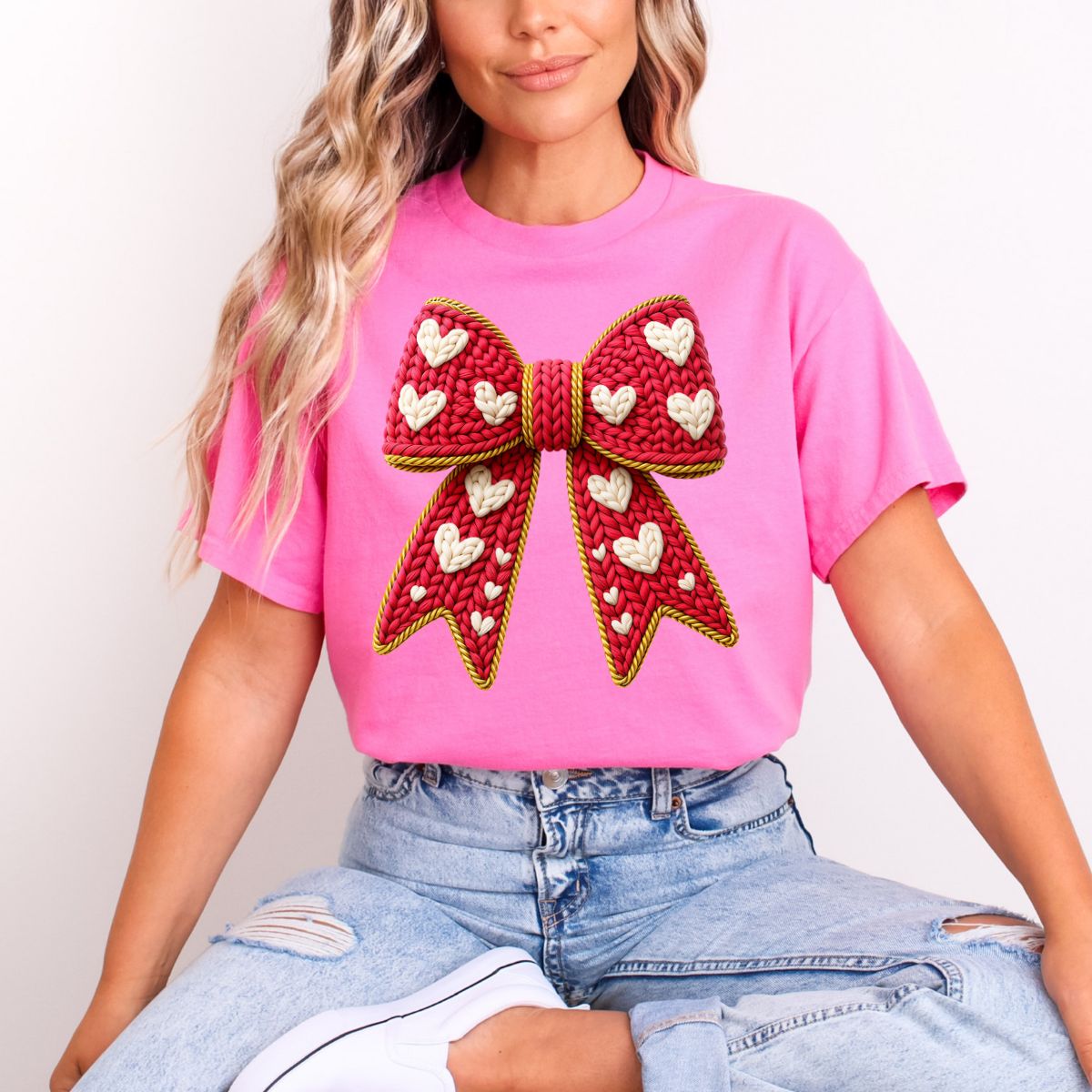 COQUETTE RED BOW WITH CREAM HEARTS *FAUX YARN* - DTF TRANSFER