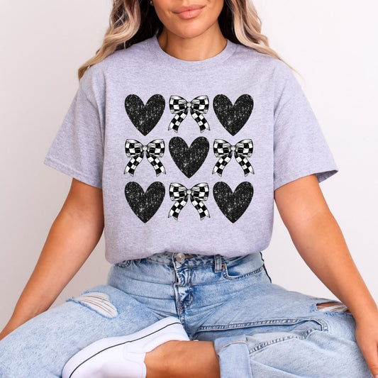 COQUETTE BLACK HEARTS AND CHECKERED BOWS DOODLE - DTF TRANSFER