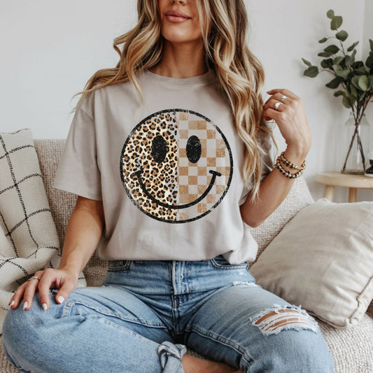 CHECKERED LEOPARD SMILEY FACE - COMPLETED TEE