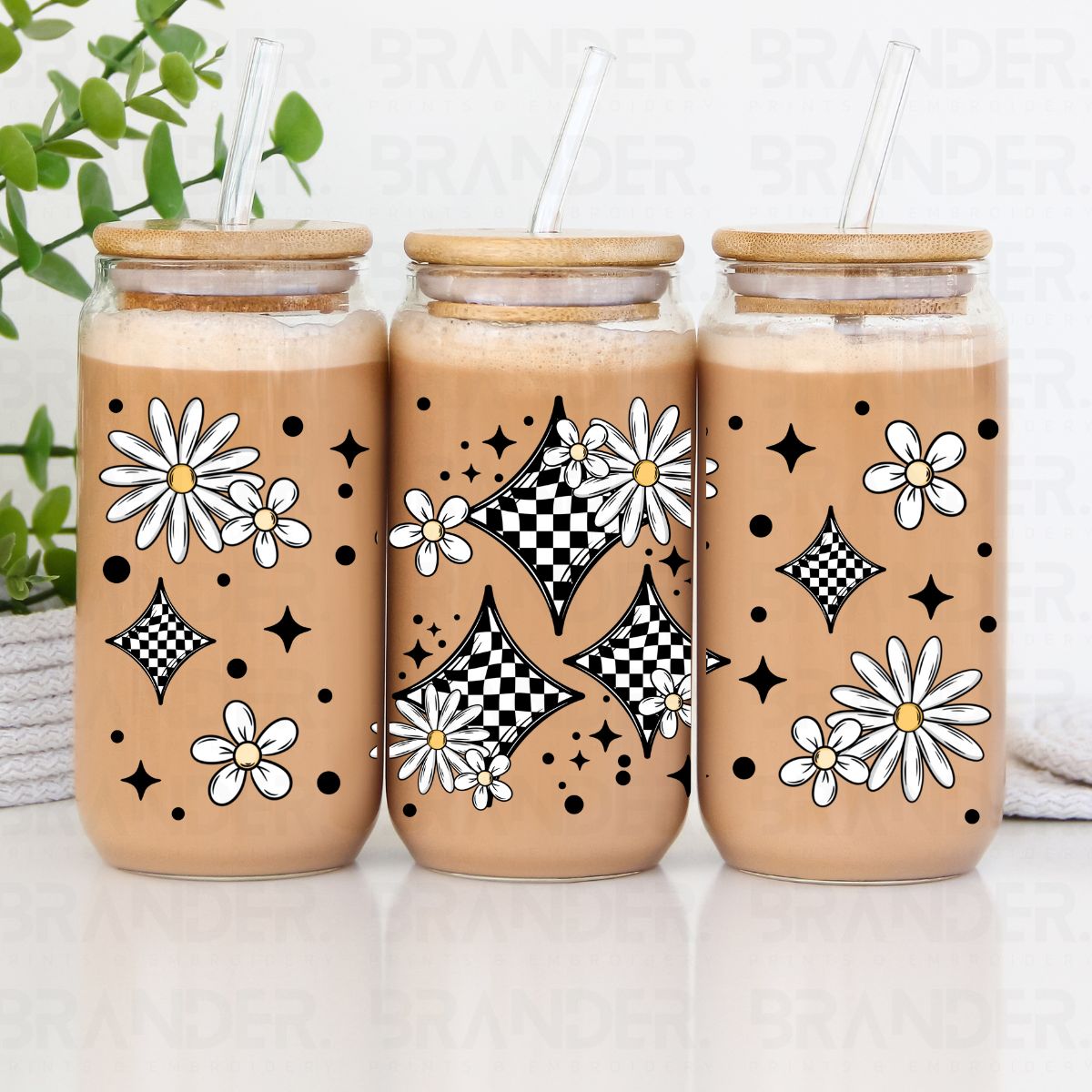 CHECKERED STARS AND DAISIES - 16 OZ - UV DTF