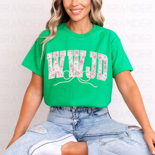 COQUETTE WWJD *FAUX PEARLS* - COMPLETED TEE