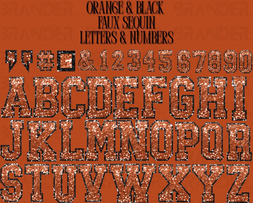 ORANGE & BLACK LETTTER & NUMBERS *FAUX SEQUIN* - DTF TRANSFER