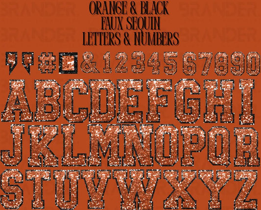 ORANGE & BLACK LETTTER & NUMBERS *FAUX SEQUIN* - DTF TRANSFER