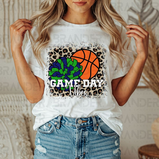 GAME DAY VIBES *GREEN & NAVY BLUE W/FAUX GLITTER* - DTF TRANSFER