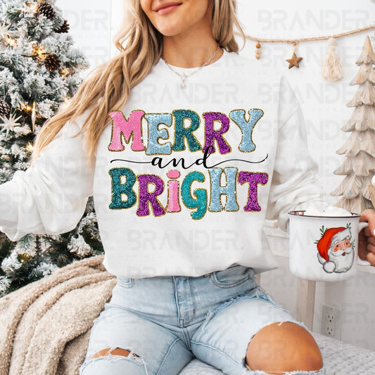 MERRY AND BRIGHT *FAUX EMBROIDERY/FAUX GLITTER* - DTF TRANSFER