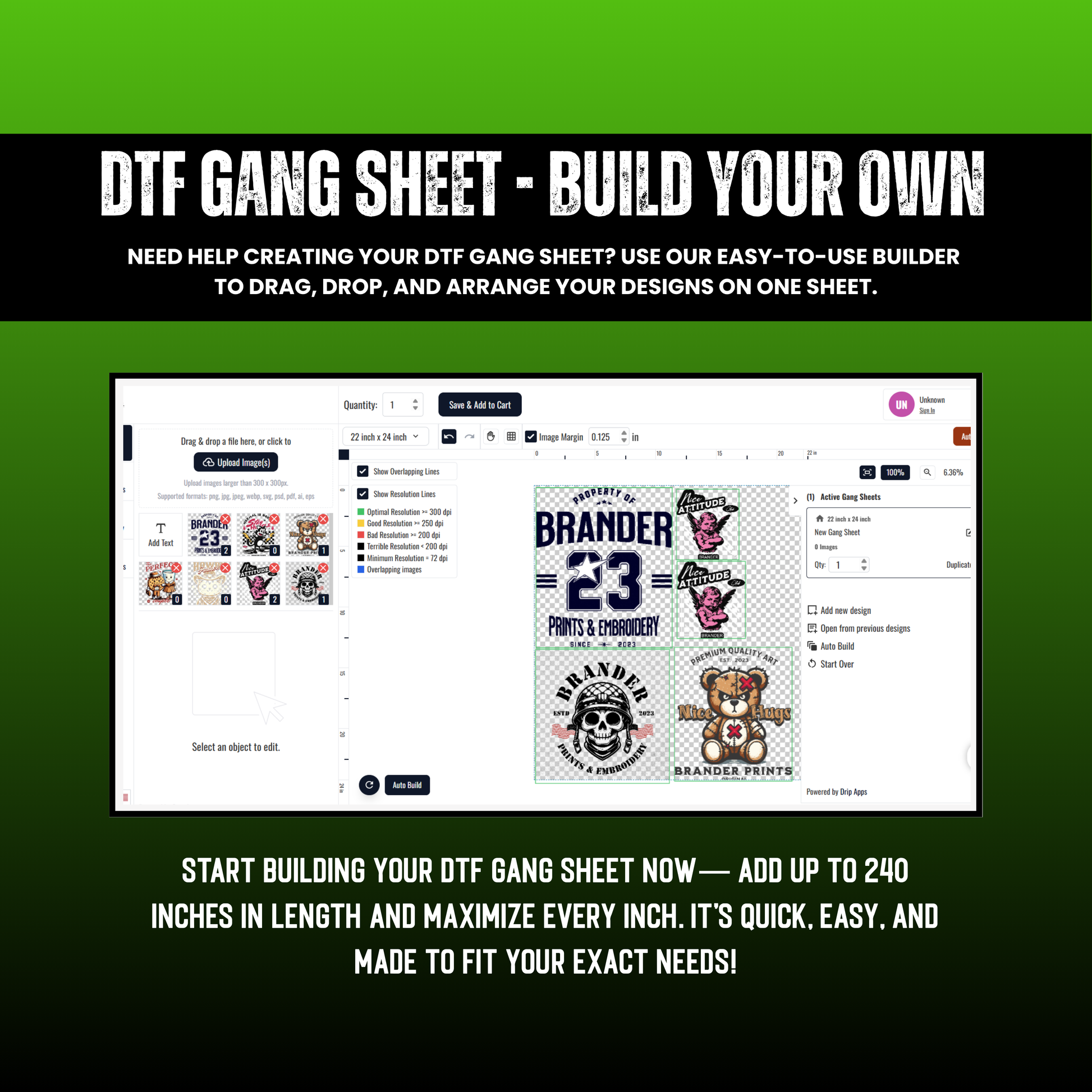 Website interface for creating a DTF gang sheet with design builder on a green and black background.