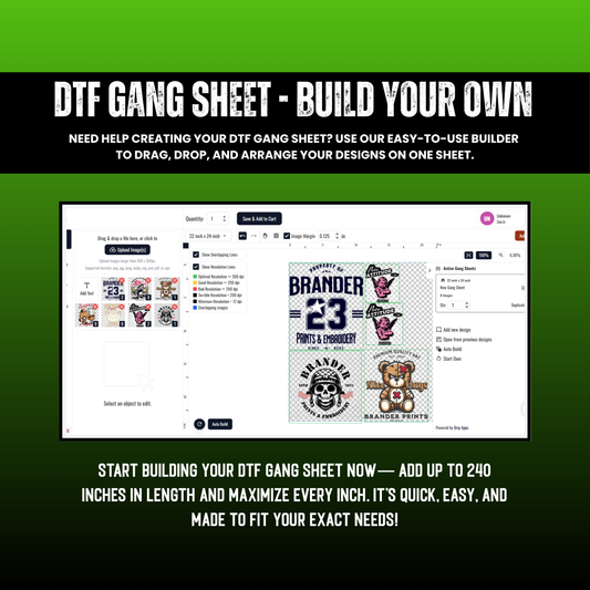 Website interface for creating a DTF gang sheet with design builder on a green and black background.